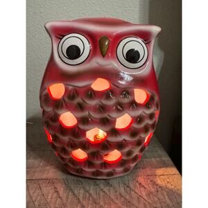 Vintage Red Ceramic Owl Night Light Accent Table Lamp